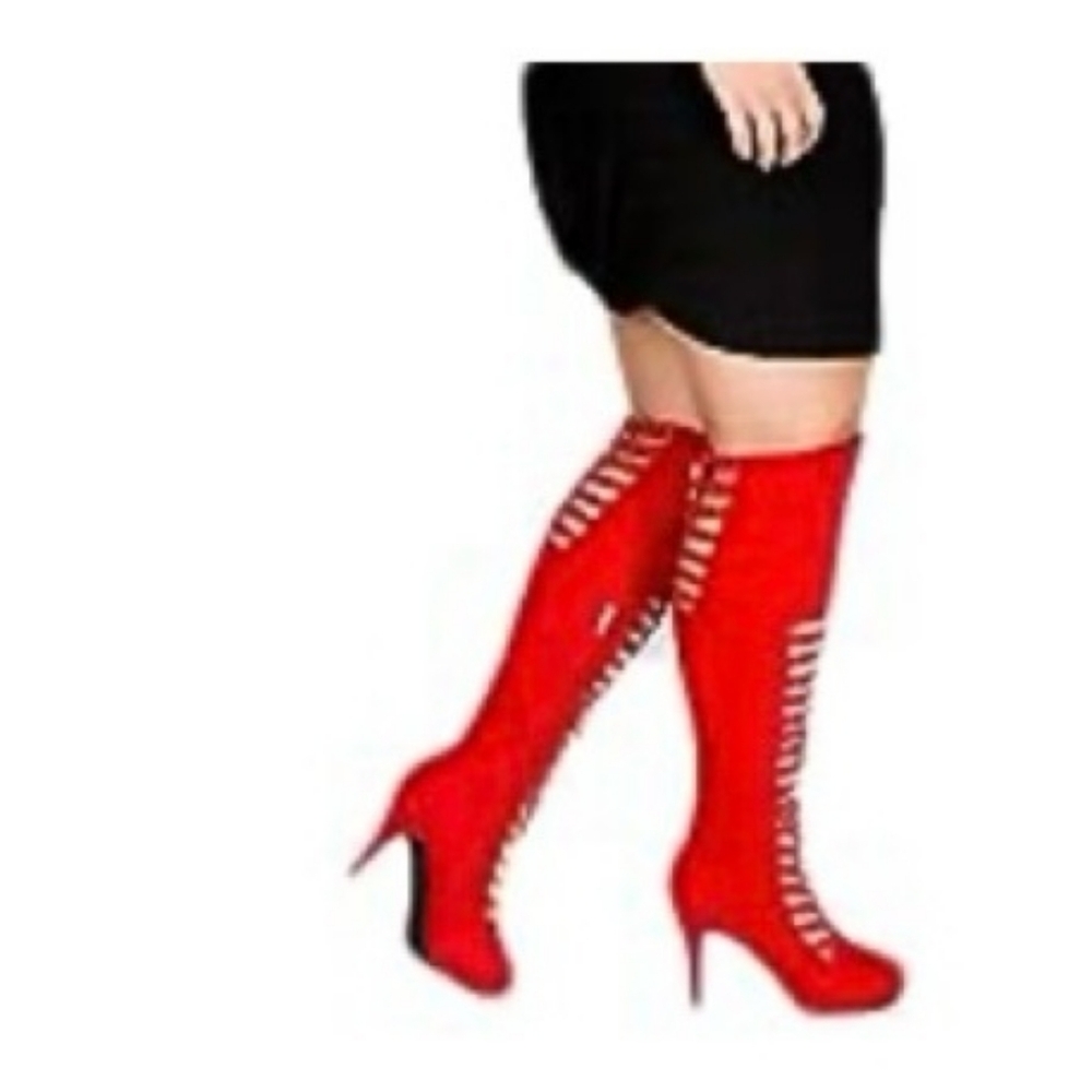 Red Suede Feel Wide Calf Over The Knee High Heel Stiletto Boots 10W New!